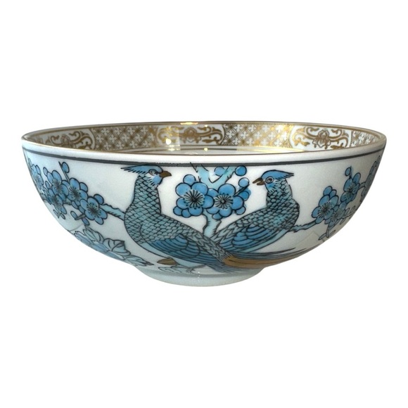 Gold Imari Other - Gold Imari Hand-Painted Porcelain Bowl Birds & Floral Design Vintage Blue & Gold